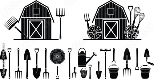 Farm barn illustration with gardening tools, pitchfork, rake, shovel, watering can, wheel, whisk, spoon, bucket, agriculture equipment vector design