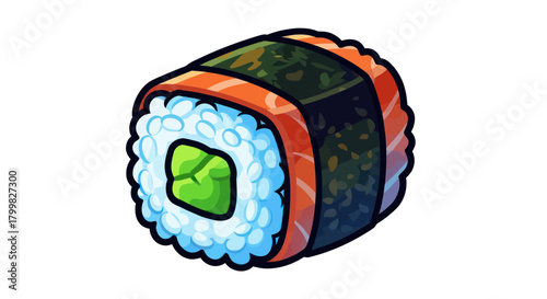 Delicious Sushi Roll with Green Filling and Salmon Wrap.