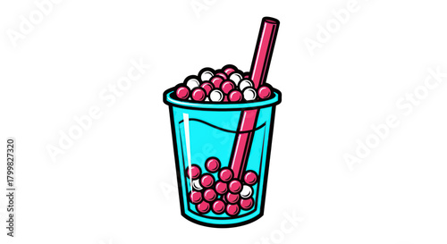 Hand drawn illustration of a refreshing bubble tea drink with red pearls.