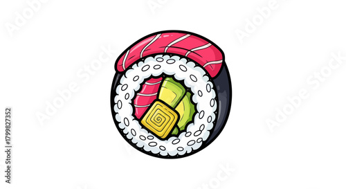 Delicious Tuna Sushi Roll with Avocado and Egg.