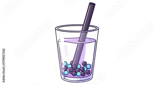 Glass of Bubble Tea with Tapioca Pearls and Straw.