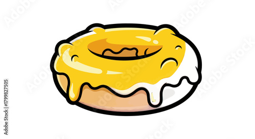 Delicious yellow glazed donut with white icing dripping.