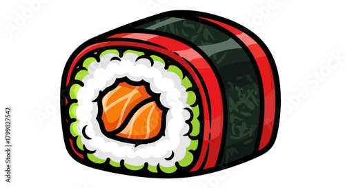 Illustration of a Delicious Salmon Sushi Roll with Nori Seaweed.