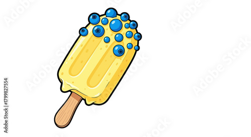Delicious yellow popsicle with blue toppings on a wooden stick for summer.