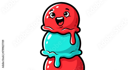 Happy cartoon ice cream character with three colorful scoops.
