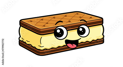 Delightful ice cream sandwich with a happy face and joyful expression.