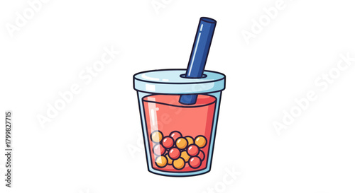 Illustration of a refreshing bubble tea drink with tapioca pearls.