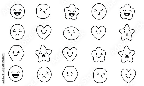 Cute Emoji Faces Set –  Smile, Sad, Kiss, Wink, Star & Heart Character Icons Vector