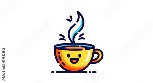Happy Steaming Coffee Cup Cartoon Illustration.