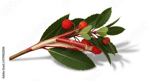 A sprig of a plant with green leaves, red berries, and peeling reddish-brown stems on a white background.