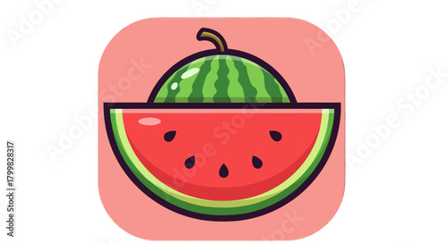 Fresh watermelon slice with green rind and black seeds, summer fruit.