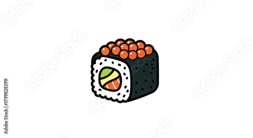 Delicious Sushi Roll with Salmon and Avocado Topped with Ikura.