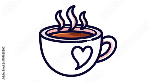 Hand drawn steaming coffee cup with a heart design.