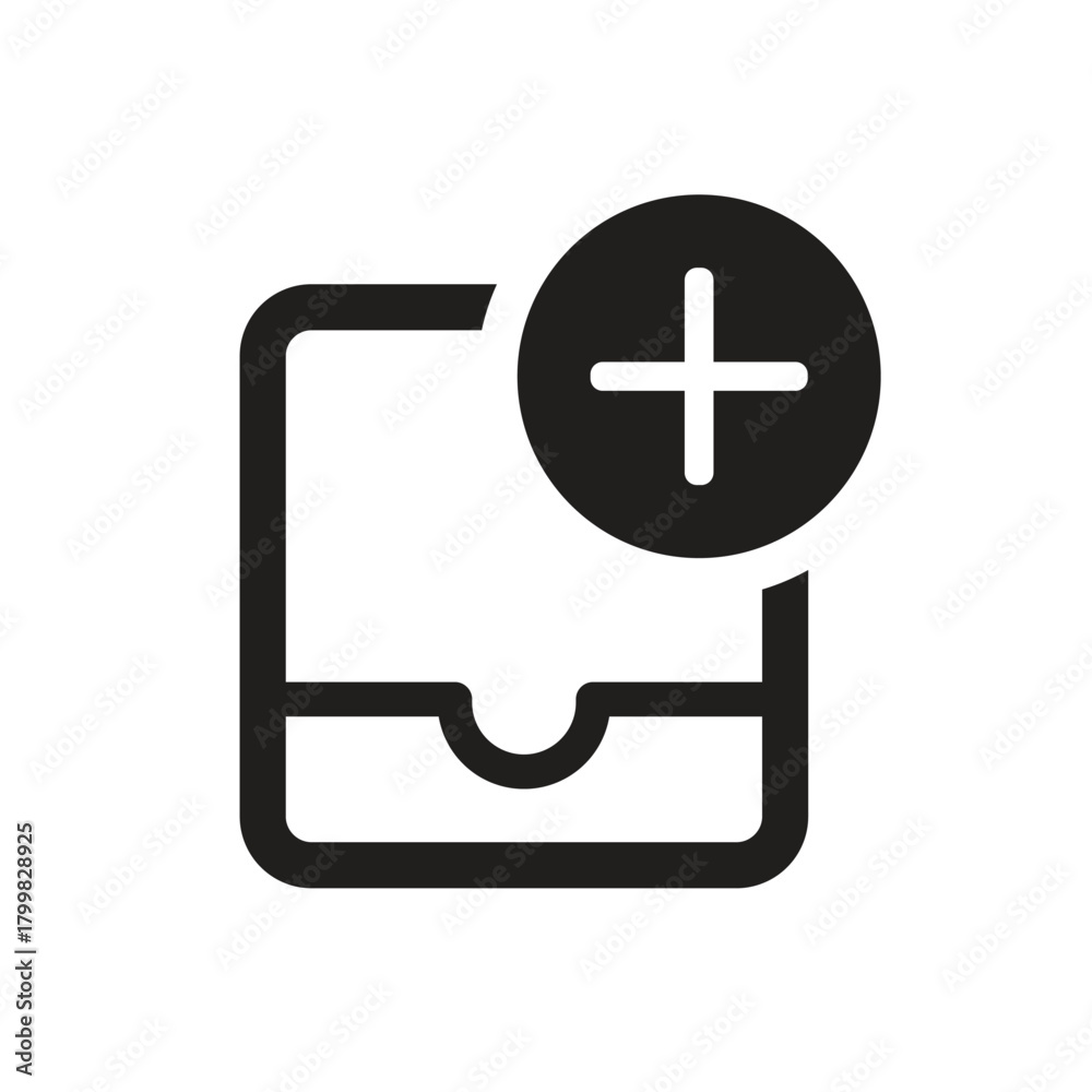 Obraz premium Black icon of a drawer with a plus sign indicating addition or new content vector icon
