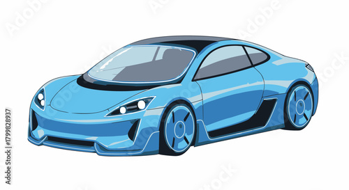 A sleek blue sports car with a modern design and dark roof, viewed from a slightly elevated angle against a white background.