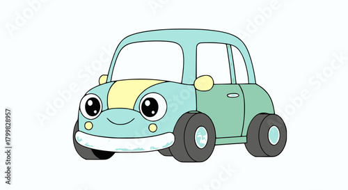 A cute light blue and yellow cartoon car with big eyes and a friendly smile, depicted in a simple illustration.