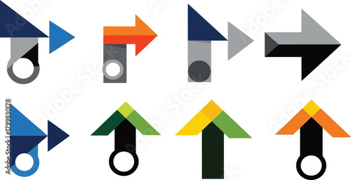 Set of modern abstract directional arrows and pointers in various colors and shapes on white background