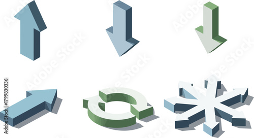 Set of six isometric 3d icons including arrows and a snowflake on a white background