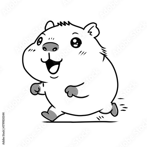 Cute cartoon capybara running cheerfully with motion lines. Black and white line art vector illustration, perfect for speed, exercise, or fun animal graphics