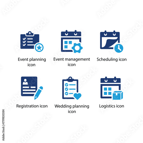 Event planning, Event management, Scheduling, Registration, Wedding planning, Logistics, Blue Icon Set