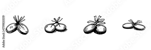 Two Coins Tied With String Doodle Sketch Set. Financial Security, Savings, And Wealth Symbolism In Hand Drawn Style Collection. Economic Prosperity. Isolated Vector Illustration