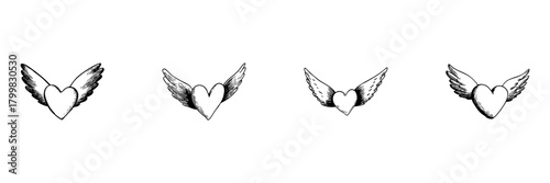 Heart With Wings Doodle Sketch Set. Symbol Of Freedom, Love, And Spirituality In Hand Drawn Style Collection. Romantic And Inspirational Design. Isolated Vector Illustration