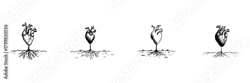 Heart With Roots Doodle Sketch Set. Symbolizing Growth, Connection, And Emotional Depth In Hand Drawn Style Collection. Nature And Humanity Fusion. Hand Drawn Isolated Vector Illustration