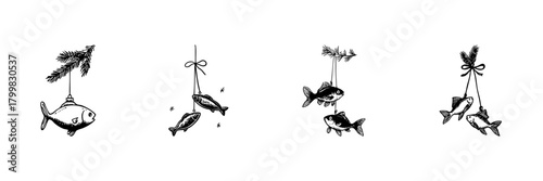 Fish Ornaments Hanging From Pine Branches Doodle Sketch Set. Festive Holiday Decorations With Fish Motifs In Hand Drawn Style Collection. Unique Christmas Tree Adornments. Isolated Vector Illustration