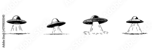 Ufo Spaceship Doodle Sketch Set. Extraterrestrial Exploration And Alien Abduction Concept In Hand Drawn Style Collection. Sci-Fi And Space Adventure. Hand Drawn Isolated Vector Illustration
