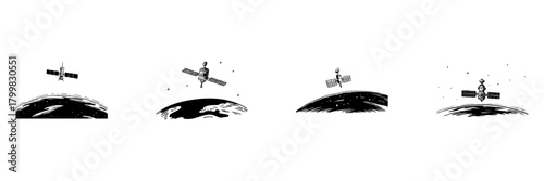Satellites Orbiting Earth Doodle Sketch Set. Space Exploration And Communication Technology In Hand Drawn Style Collection. Cosmic Observation And Satellite Network. Isolated Vector Illustration