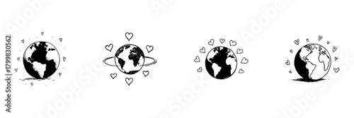 Earth With Hearts Doodle Sketch Set. Global Love, Environmental Awareness, And World Peace In Hand Drawn Style Collection. Planetary Care And Unity. Hand Drawn Isolated Vector Illustration