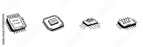 Microchip And Processor Doodle Sketch Set. Semiconductor Technology And Circuit Design In Hand Drawn Style Collection. Electronic Components And Computing Hardware. Isolated Vector Illustration
