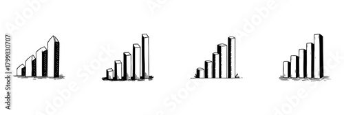 Bar Graph Growth Doodle Sketch Set. Business Performance, Financial Analysis, Data Visualization In Hand Drawn Style Collection. Economic Trends And Statistics. Isolated Vector Illustration