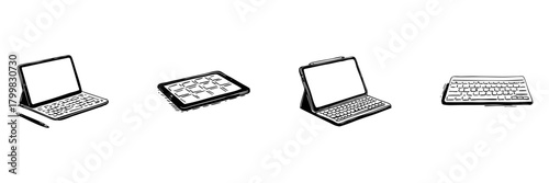 Tablet And Keyboard Doodle Sketch Set. Digital Devices And Accessories In Hand Drawn Style Collection. Technology And Productivity Tools. Isolated Vector Illustration