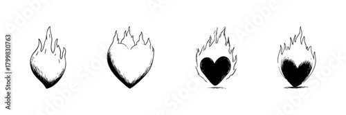 Flaming Heart Doodle Sketch Set. Passion, Love, And Intensity Symbolism In Hand Drawn Style Collection. Romantic And Emotional Expression. Isolated Vector Illustration