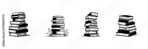 Stacks Of Books Doodle Sketch Set. Knowledge, Education, And Literary Exploration In Hand Drawn Style Collection. Vintage Library And Reading Concept. Hand Drawn Isolated Vector Illustration