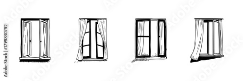 Open Windows With Curtains Doodle Sketch Set. Home Ventilation, Natural Light, And Interior Design Elements In Hand Drawn Style Collection. Architectural And Decor. Isolated Vector Illustration