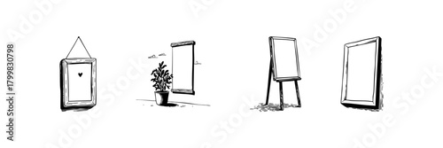 Framed Art And Display Elements Doodle Sketch Set. Creative Expression And Interior Design In Hand Drawn Style Collection. Hanging Frame, Window, Easel, Empty Frame. Isolated Vector Illustration