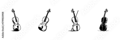 Violin Doodle Sketch Set. Classical Music Instrument Collection In Hand Drawn Style. Artistic Representation Of String Instruments. Isolated Vector Illustration