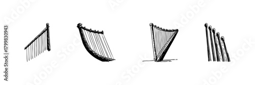 Harp And Matches Doodle Sketch Set. Musical Instrument And Combustion Elements In Hand Drawn Style Collection. Artistic And Creative Illustration. Isolated Vector Illustration