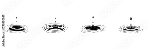 Water Droplet Ripple Effect Doodle Sketch Set. Fluid Dynamics And Tranquility In Hand Drawn Style Collection. Water Surface Interaction And Calmness. Isolated Vector Illustration