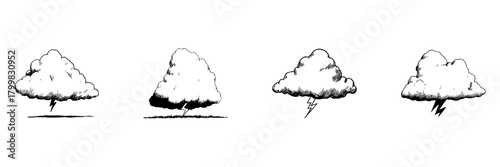 Clouds With Lightning Doodle Sketch Set. Weather Phenomena And Storm Symbolism In Hand Drawn Style Collection. Atmospheric Conditions And Thunderstorm Illustration. Isolated Vector Illustration