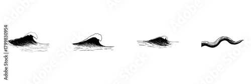 Ocean Waves And Water Flow Doodle Sketch Set. Marine Dynamics And Fluid Motion In Hand Drawn Style Collection. Nautical And Coastal Theme. Isolated Vector Illustration