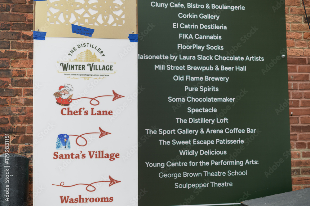 Fototapeta premium location marker and direction sign at Winter Village, The Distillery Historic District, Toronto