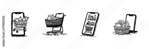 Smartphone Shopping Cart Doodle Sketch Set. E-Commerce, Online Retail, And Digital Marketplace In Hand Drawn Style Collection. Mobile Shopping Experience. Hand Drawn Isolated Vector Illustration