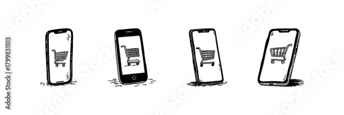 Smartphone With Shopping Cart Doodle Sketch Set. Mobile E-Commerce, Online Shopping, And Retail App Concept In Hand Drawn Style Collection. Digital Marketplace Illustration