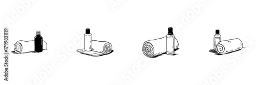 Rolled Towels And Bottles Doodle Sketch Set. Spa And Relaxation Essentials In Hand Drawn Style Collection. Wellness And Self-Care Items. Hand Drawn Isolated Vector Illustration