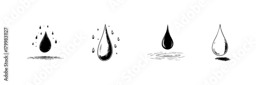 Water Droplets Doodle Sketch Set. Fluid Dynamics And Environmental Symbolism In Hand Drawn Style Collection. Raindrop And Liquid Illustration. Isolated Vector Illustration