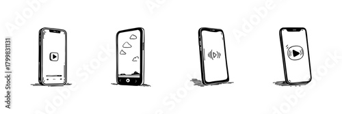 Smartphone Media Playback Doodle Sketch Set. Mobile Video Streaming, Audio Playback, And Cloud Storage In Hand Drawn Style Collection. Digital Entertainment Icons. Isolated Vector Illustration