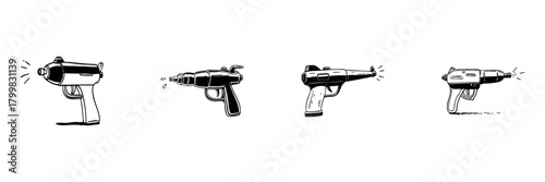 Retro Ray Gun Doodle Sketch Set. Vintage Sci-Fi Weapon Collection In Hand Drawn Style. Futuristic Toy Gun Illustrations. Isolated Vector Illustration